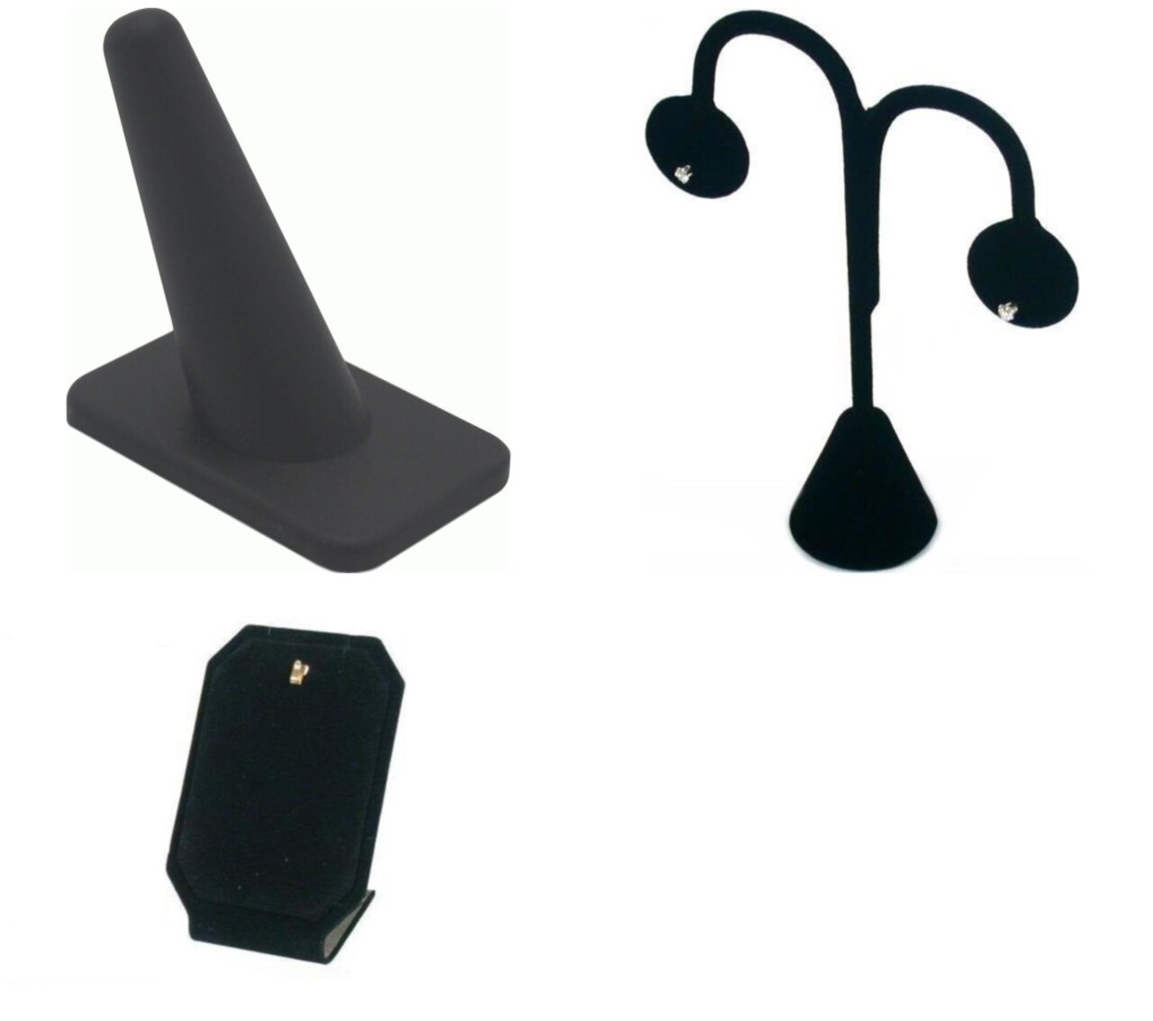 3 Piece Black Jewelry Display - 1 Ring Finger, 1 Necklace Pendant Display, 1 Velvet Tree Earring Dis